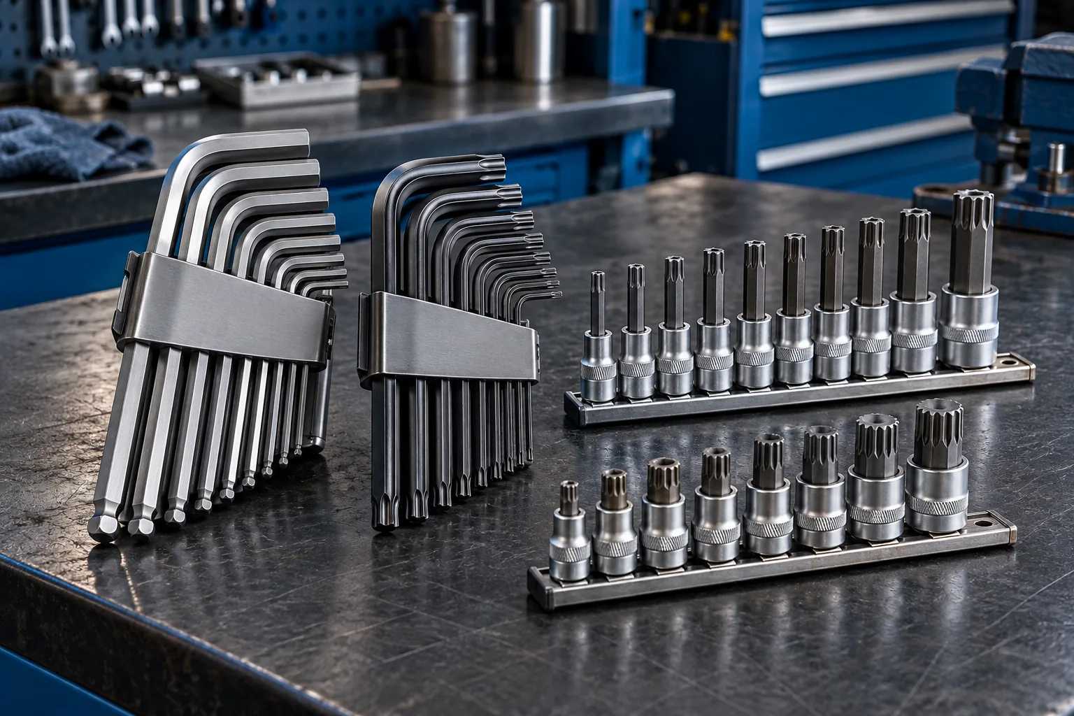 Inbusschlüssel, TORX-Schlüssel und Steckschlüsseleinsätze