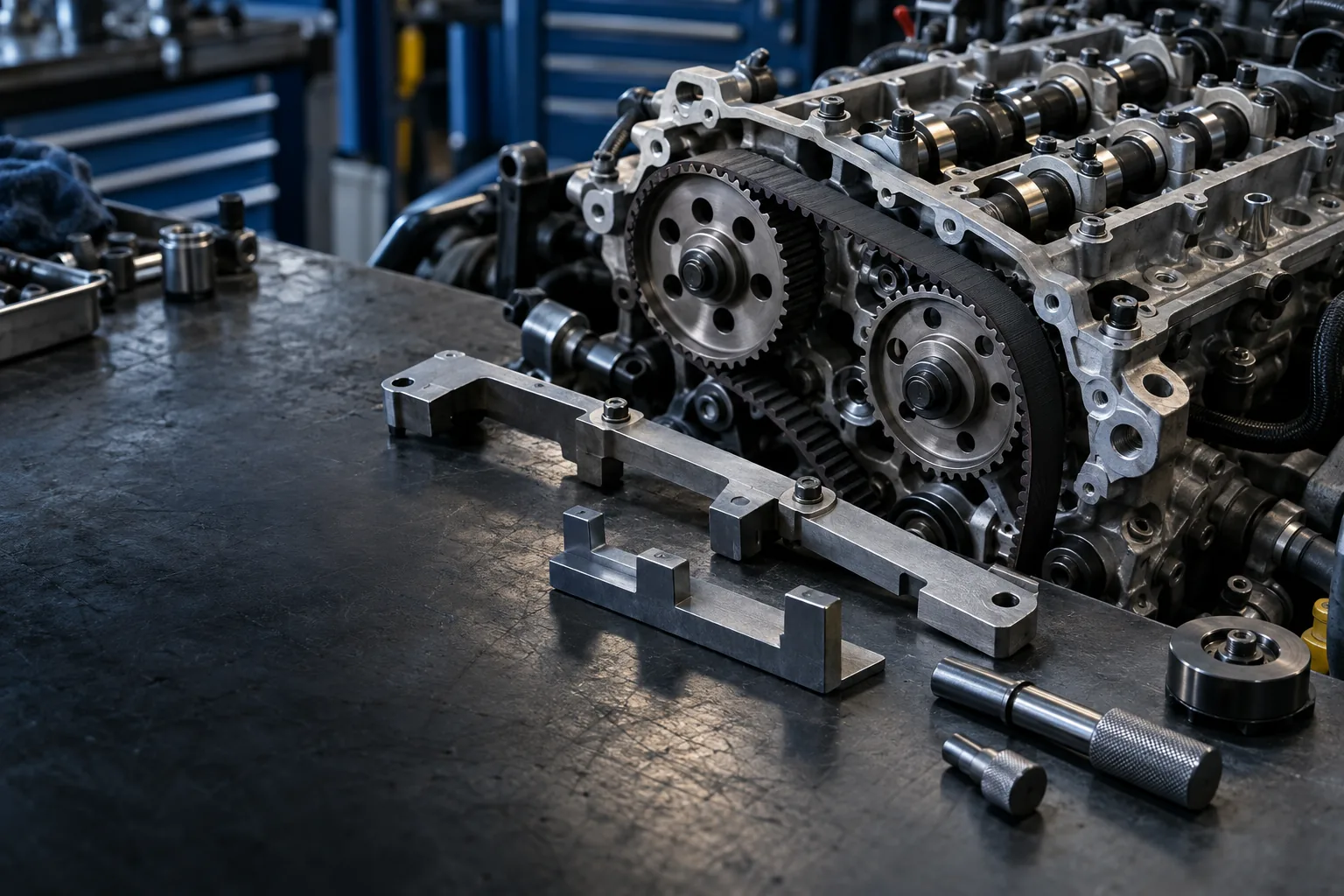 Motor und Einstellwerkzeuge in einer Kfz-Werkstatt