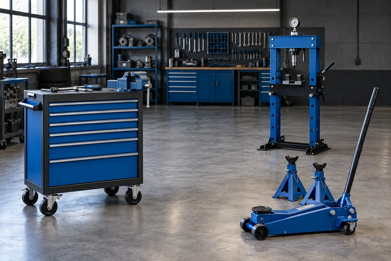 Werkzeugwagen, Schraubstock, Wagenheber und Werkstattpresse