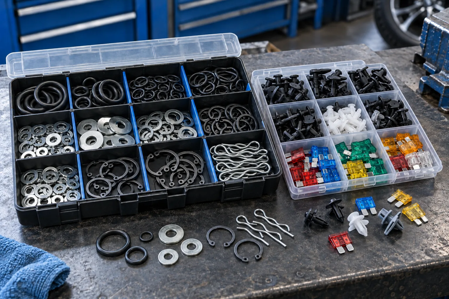 Sortierkästen mit O-Ringen, Sicherungen, Clips und Unterlegscheiben