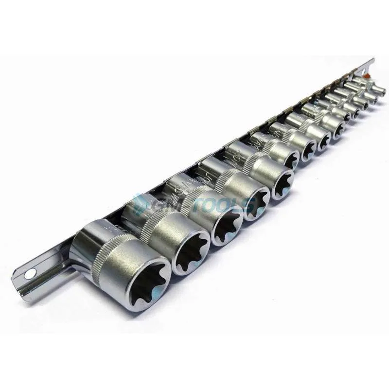 Steckschlüsselsatz 14-tlg TORX-E Einsätze Satz E4-E22 1/2'' 1/4'' 3/8'' Schiene – Bild 2